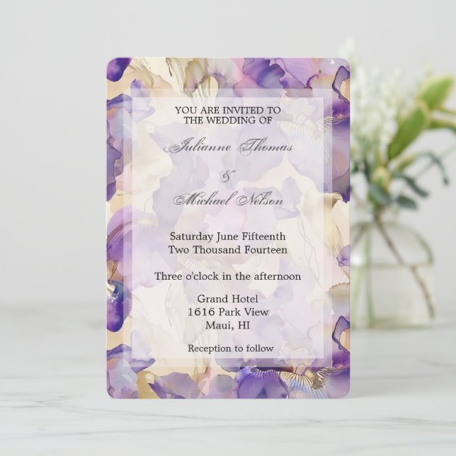 Invitación Romántico Morado Oro Iris Boda Floral (Anverso de pie)