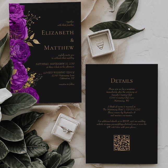 Invitación Romántico Morado Oro Oscuro Floral QR Boda de códi (Subido por el creador)