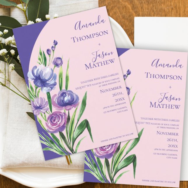 Invitación Romántico morado Rubor Pink Floral Elegante Boda (Romantic Purple Blush Pink Floral Elegant Wedding Invitation)
