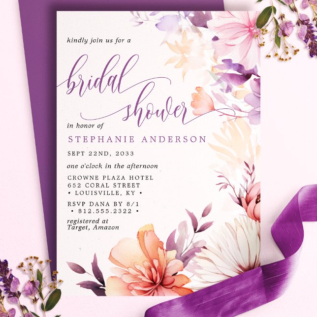Invitación Romántico Morado Y Flor Silvestre Rosa Ducha De No (Subido por el creador)
