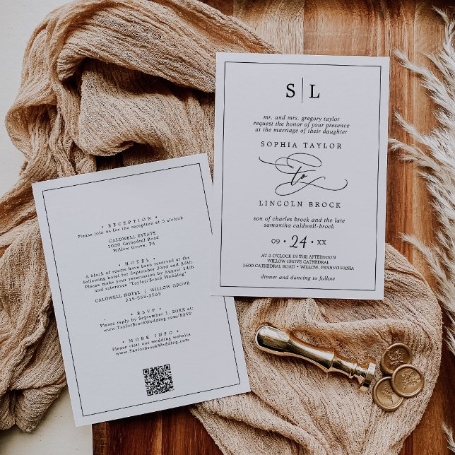 Invitación Romántico Negro Tradicional Todo En Un Boda (Romantic Black Traditional All In One Wedding Invitation)