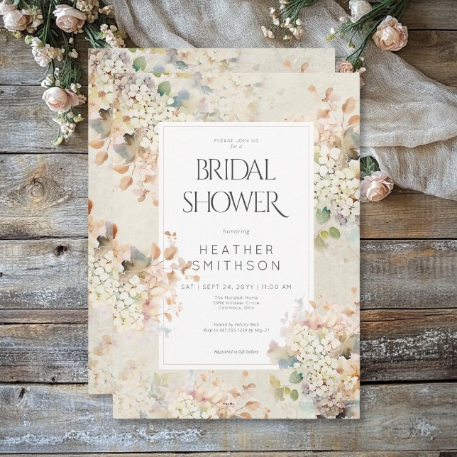 Invitación Romántico Neutral Vintage Hydrangeas Despedida de  (Romantic Neutral Vintage Hydrangeas Bridal Shower Invitation)