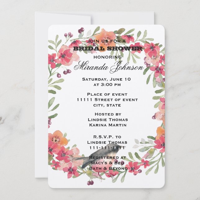 Invitación Romántico Oleander Bird Floral Pink Floral Bridal  (Anverso)