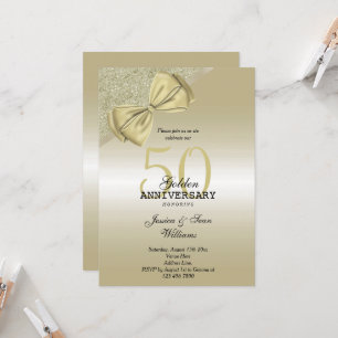 Invitación Romántico Oro Bow y Purpurina 50.º Boda