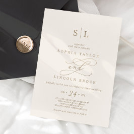 Invitación Romántico oro caligrafía | Boda Monograma Marfil