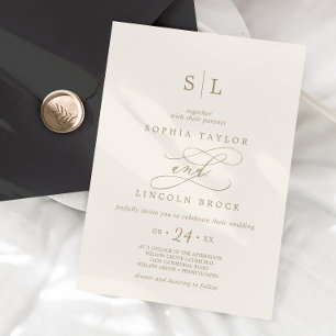 Invitación Romántico oro caligrafía Boda Monograma Marfil