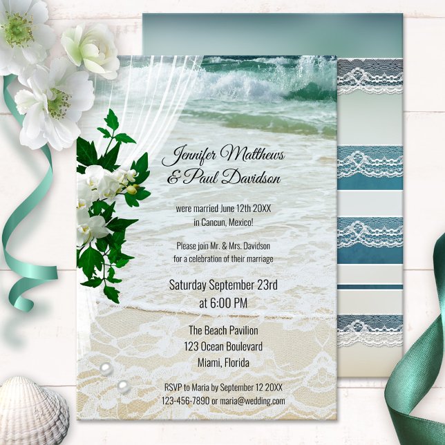 Invitación Romántico Orquídea Recepción de Boda de Playa Orqu (After wedding invitation showing orchid flowers on a veil on a beach with lace and pearls)