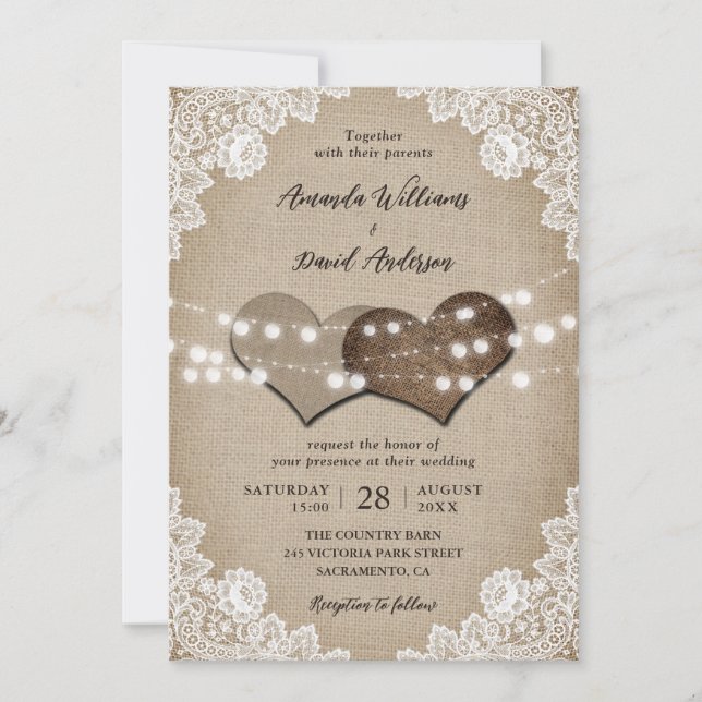 Invitación Romántico País Burlap Luce Boda Floral (Anverso)