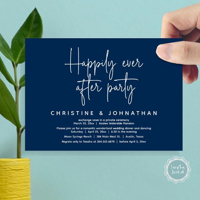 Invitación Romántico País Maravilla Feliz Nunca Después De Un (Romantic Wonderland Happily Ever After Party Invitation Card, PDF, Modern Minimalist, Navy Blue)