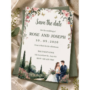 Invitación Romántico paisaje italiano del campo Cipreses y ro