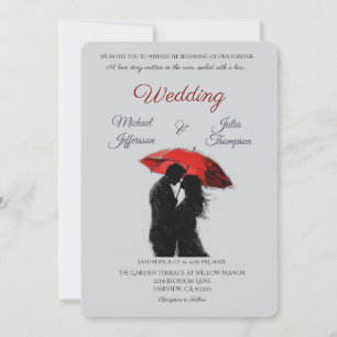 Invitación Romántico parisino Red Umbrella Love Silhouette