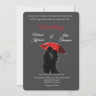 Invitación Romántico parisino Red Umbrella Love Silhouette