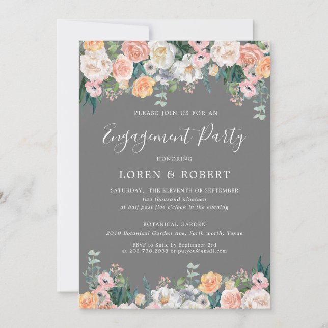 Invitación Romántico Partido de Compromiso Floral de Rubor y  (Anverso)