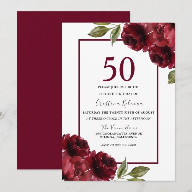 Invitación Romántico Partido de los 50 Años de las Rosas Roja (Anverso / Reverso)