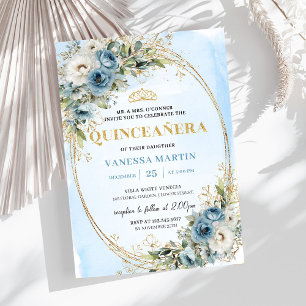 Invitación Romántico Pastel Azul Dorado Eucalipto Quinceañera