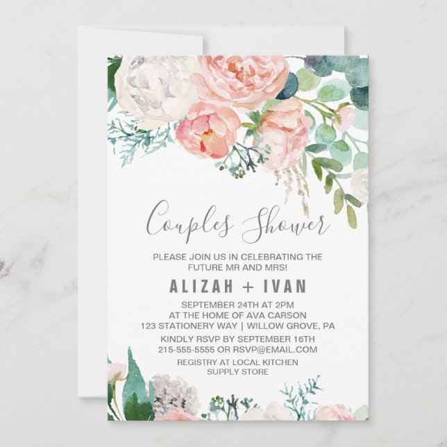 Invitación Romántico Peony Flowers Couples Shower (Anverso)
