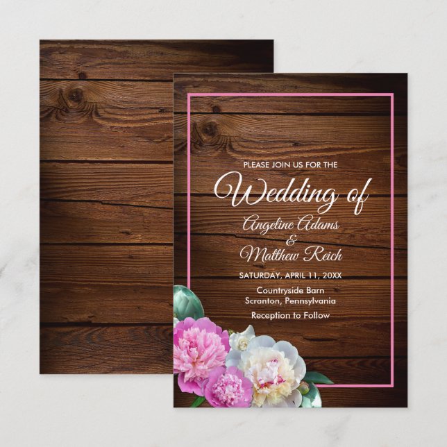 Invitación Romántico Peony Flowers Wooden Formal Boda (Anverso / Reverso)