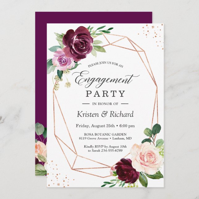 Invitación Romántico Plum Purple Rubor Floral Engagement Part (Anverso / Reverso)