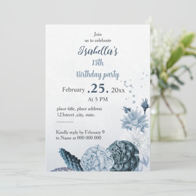 Invitación Romántico polvoriento marino flores azules cumplea (Anverso de pie)