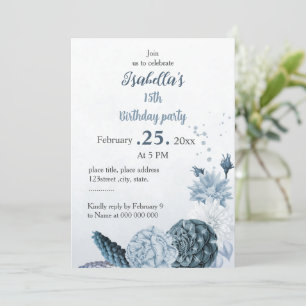 Invitación Romántico polvoriento marino flores azules cumplea