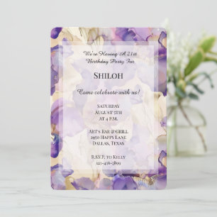 Invitación Romántico Purple Gold Iris Floral Cumpleaños