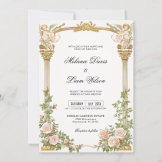 Invitación Romántico Querubín Arco Dorado Floral Boda