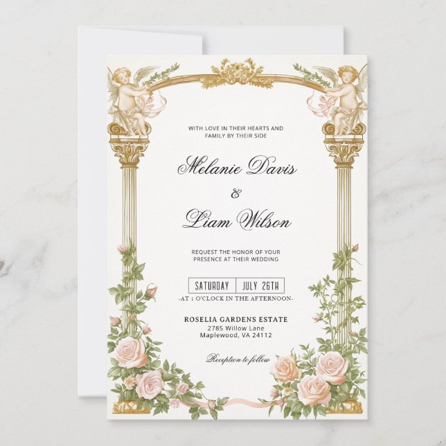 Invitación Romántico Querubín Arco Dorado Floral Boda  (Anverso)