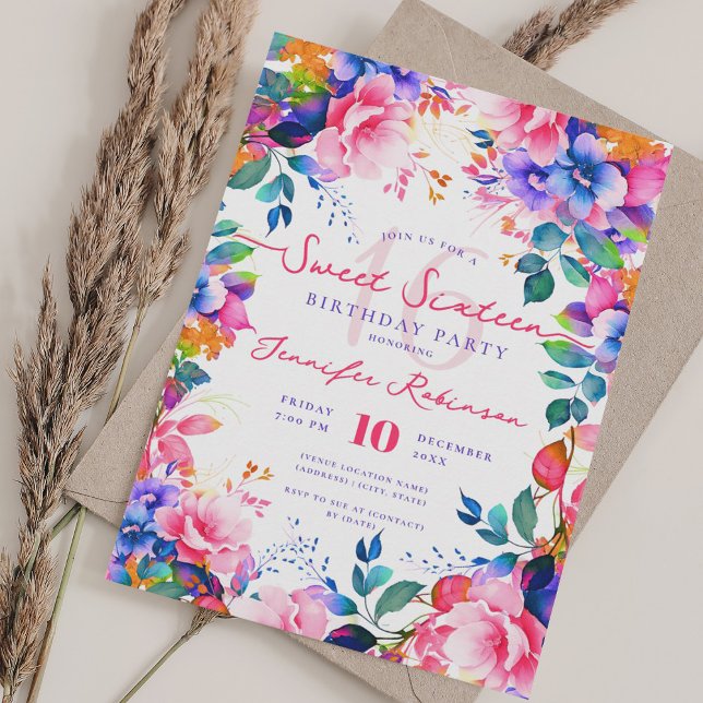Invitación Romántico Rainbow Garden Dulce Floral 16 Fiesta (Romantic Rainbow Garden Floral Sweet 16 Party Invitation)