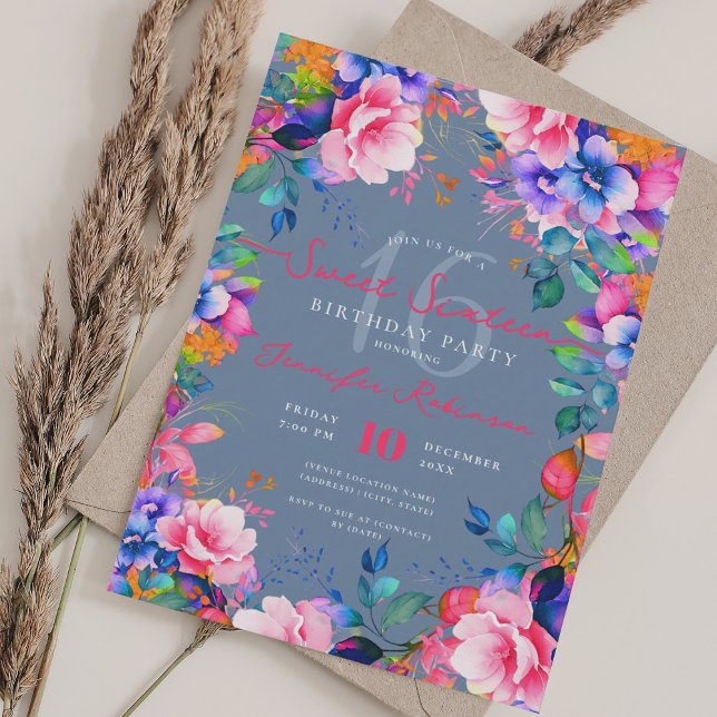 Invitación Romántico Rainbow Garden Floral Sweet 16 Dusty Blu (Romantic Rainbow Garden Floral Sweet 16 Dusty Blue Invitation)