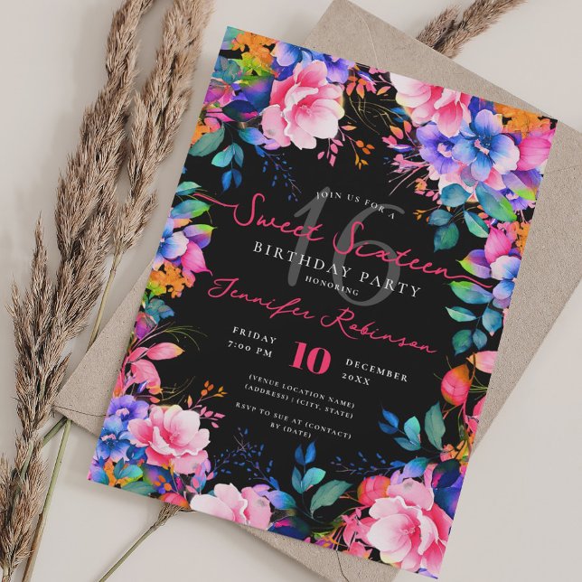 Invitación Romántico Rainbow Garden Floral Sweet 16 Negro (Romantic Rainbow Garden Floral Sweet 16 Black Invitation)