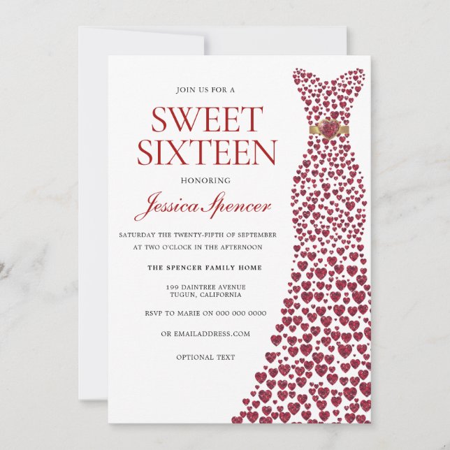Invitación Romántico Rojo Amor Vestido Dulce 16 Invite (Anverso)