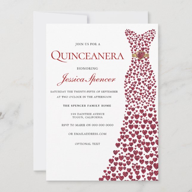 Invitación Romántico Rojo Amor Vestido Quinceanera Invite (Anverso)