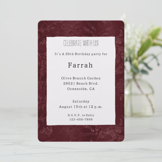 Invitación Romántico Rojo Burdeos Floral Cumpleaños Profundo  (Anverso de pie)