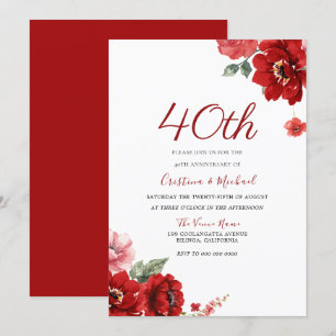 Invitación Romántico Rojo Rubí Floral 40 Aniversario