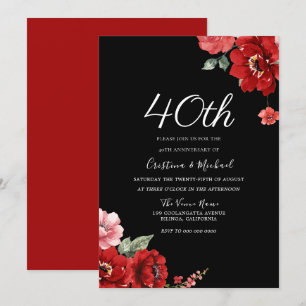 Invitación Romántico Rojo Rubí y Floral Negro 40 Aniversario