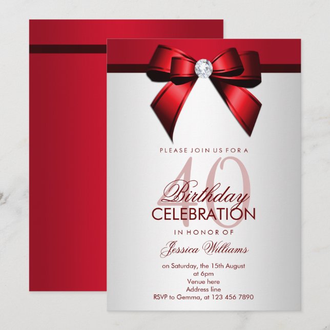 Invitación Romántico rojo y plateado 40.º Fiesta de cumpleaño (Anverso / Reverso)