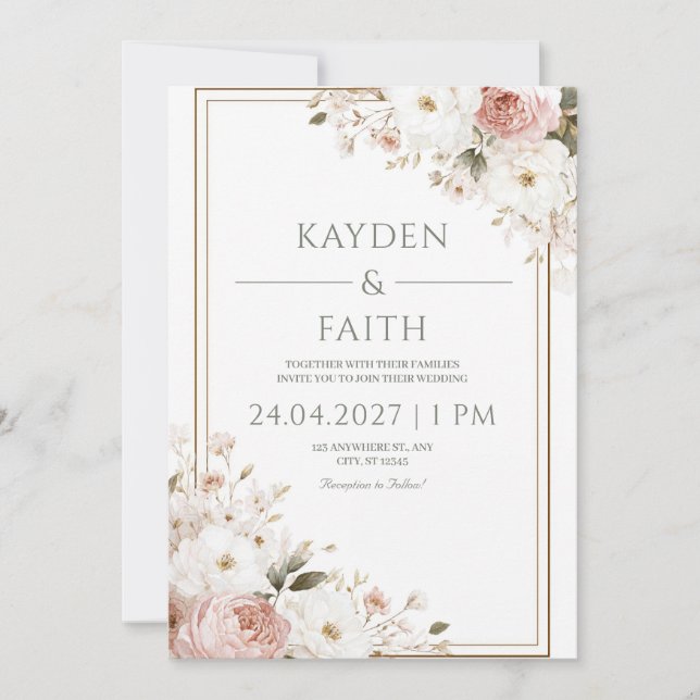 Invitación Romántico Rosa Blush Blanco Rosa Floral Boda (Anverso)