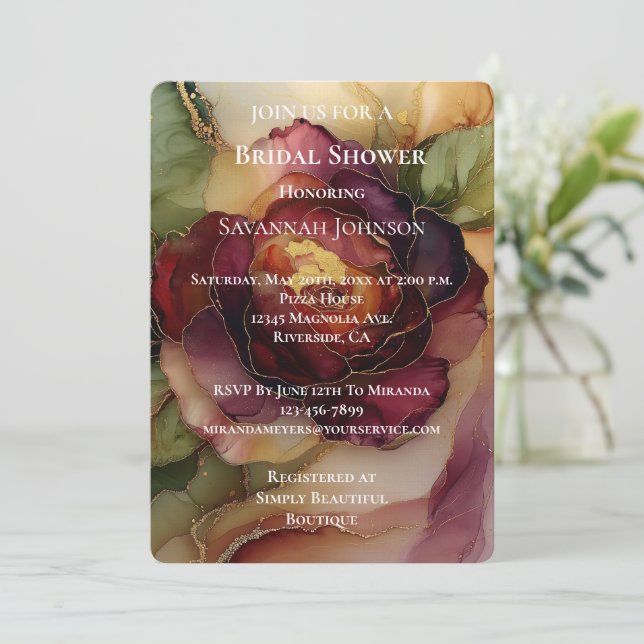 Invitación Romántico Rosa Borgoña Rojo Floral Bridal Shower (Anverso de pie)