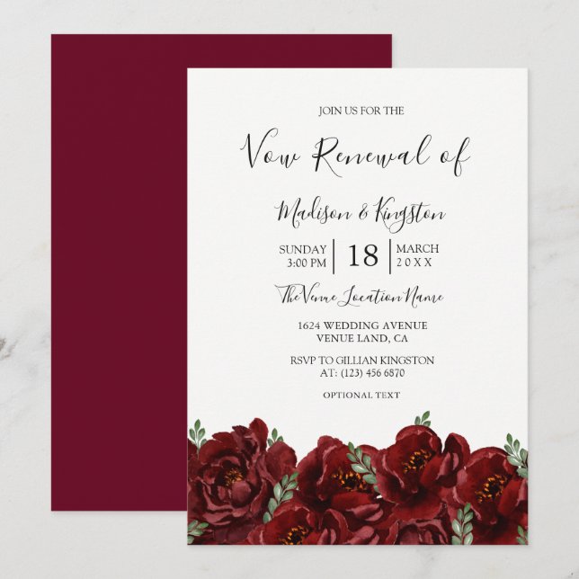 Invitación Romántico Rosa de Borgoña promete una renovación (Anverso / Reverso)