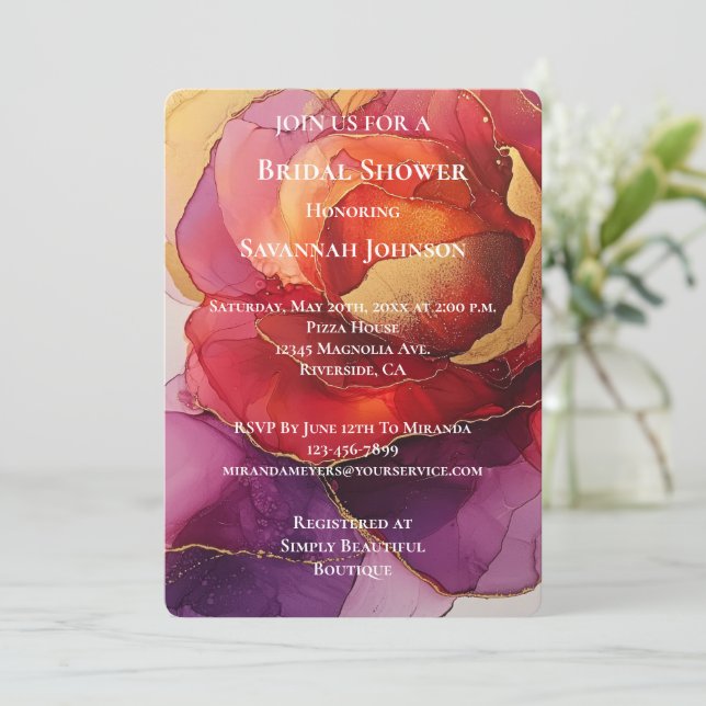 Invitación Romántico Rosa de oro púrpura rojo Floral Bridal S (Anverso de pie)
