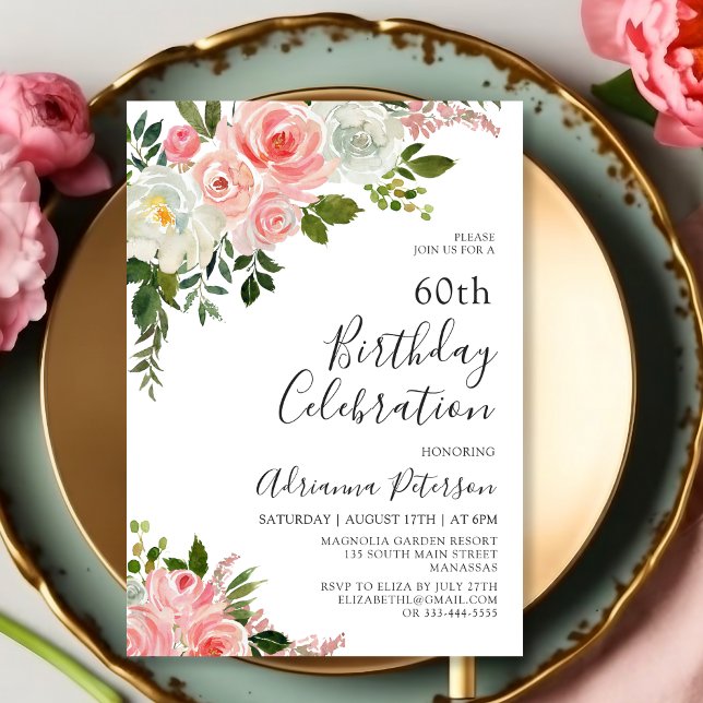 Invitación Romántico Rosa de Rubor Botánico Floral 60º cumple (Subido por el creador)