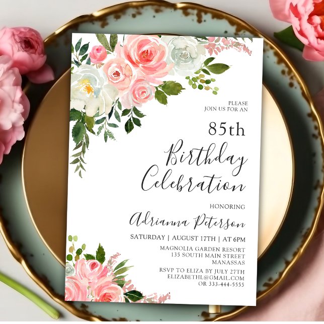 Invitación Romántico Rosa de Rubor Botánico Floral 85º cumple (Subido por el creador)