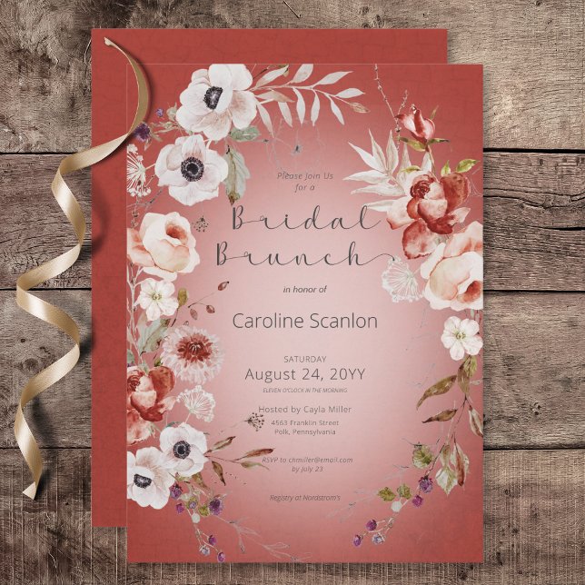 Invitación Romántico Rosa Floral Rojo Brunch (Romantic Rose Red Floral Bridal Brunch Invitation)