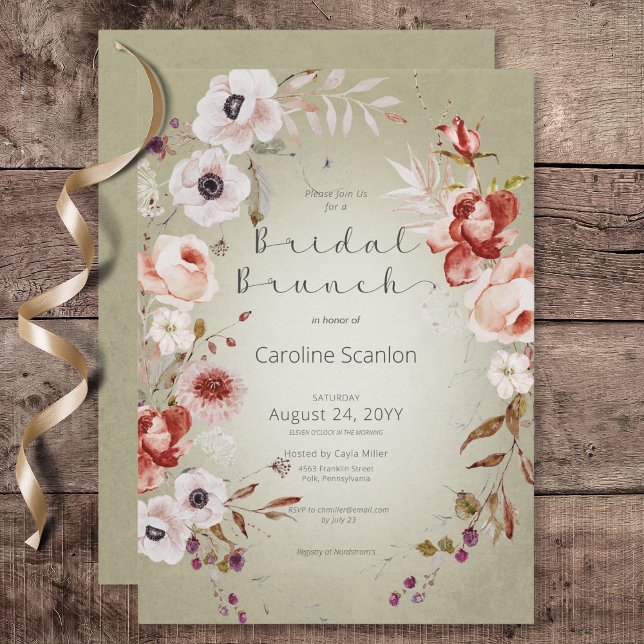 Invitación Romántico Rosa Green Floral Bridal Brunch (Romantic Rose Green Floral Bridal Brunch Invitation)
