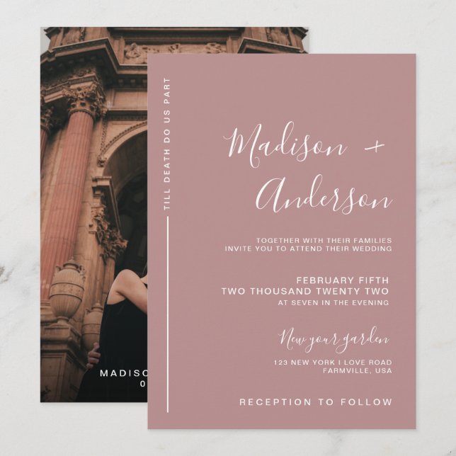 Invitación Romántico Rosa Polvoriento Rosa Con Boda De Fotogr (Anverso / Reverso)