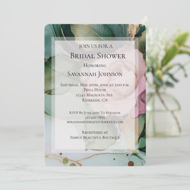 Invitación Romántico Rosa Rosa Blanco Oro Floral Británica (Anverso de pie)