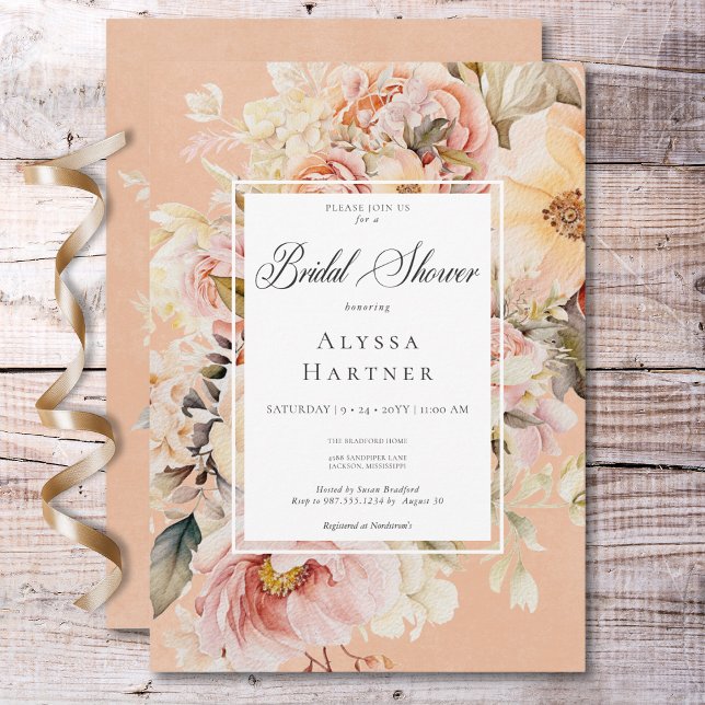 Invitación Romántico Rosa rosa y Rubor ducha de novias (Romantic Pink & Blush Roses Peach Bridal Shower Invitation)