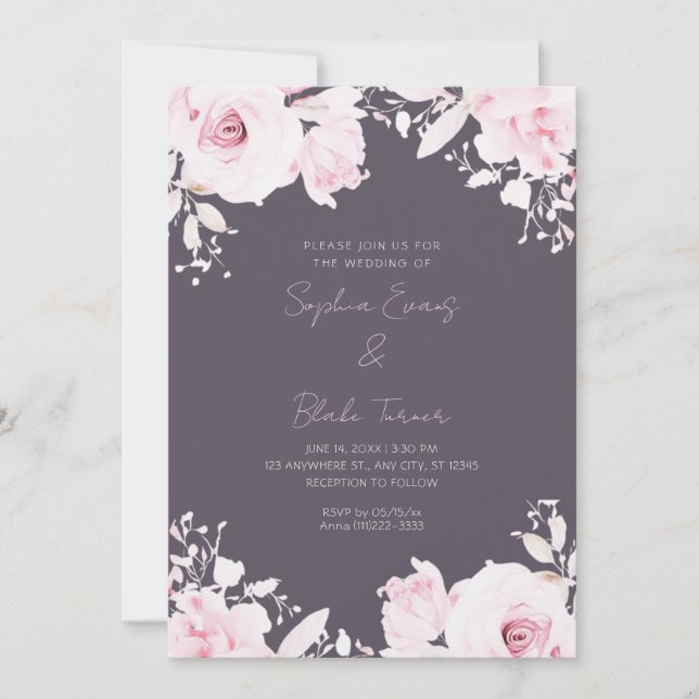 Invitación Romántico rosa Roses Boda de humo de verano gris (Anverso)