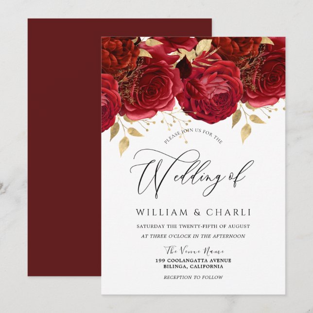 Invitación Romántico Roses Rojos Elegante Boda (Anverso / Reverso)
