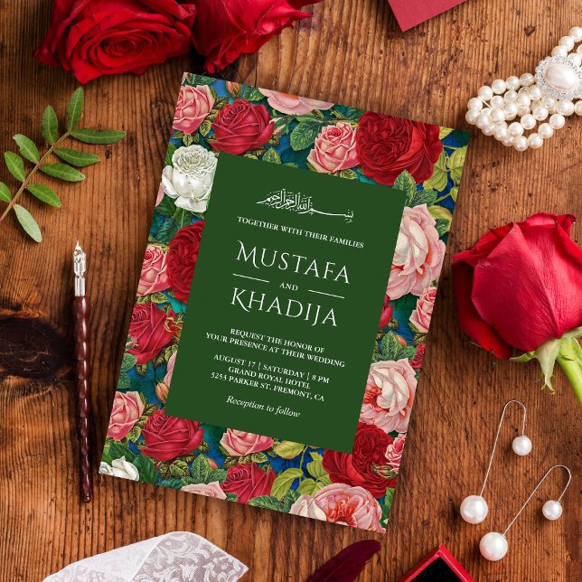 Invitación Romántico Roses Rojos Patrón floral Boda islámico (Subido por el creador)